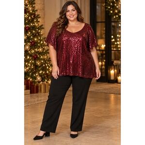 Lane Bryant Burgundy Sequin Flutter Sleeve Top Size 24 Plus Size Holiday Party